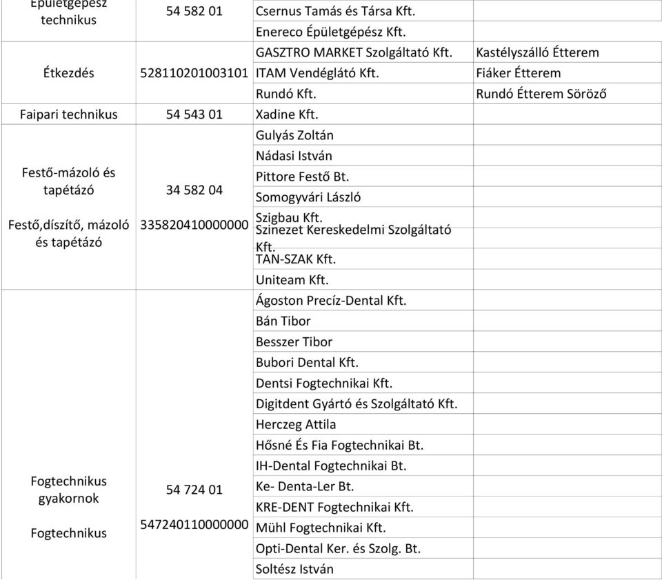 Somogyvári László 335820410000000 Szigbau Kft. Szinezet Kereskedelmi Szolgáltató Kft. TAN-SZAK Kft. Uniteam Kft. Ágoston Precíz-Dental Kft. Bán Tibor Besszer Tibor Bubori Dental Kft.