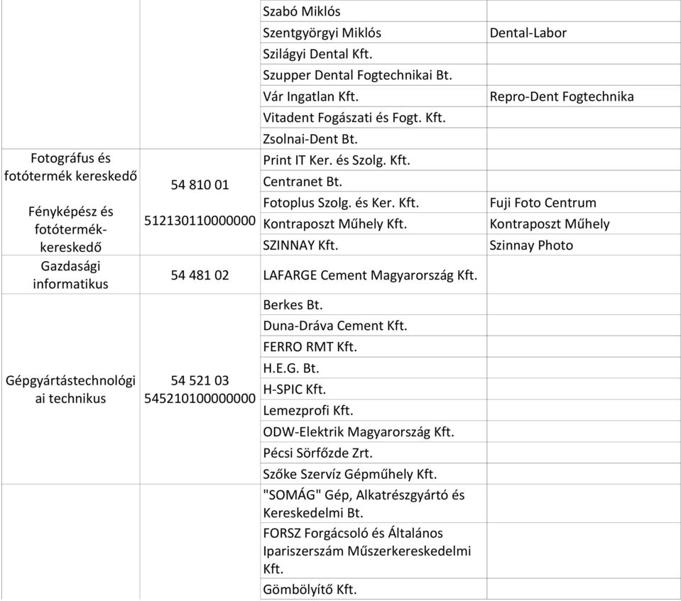 és Ker. Kft. Kontraposzt Műhely Kft. SZINNAY Kft. 54 481 02 LAFARGE Cement Magyarország Kft. 54 521 03 545210100000000 Berkes Bt. Duna-Dráva Cement Kft. FERRO RMT Kft. H.E.G. Bt. H-SPIC Kft.