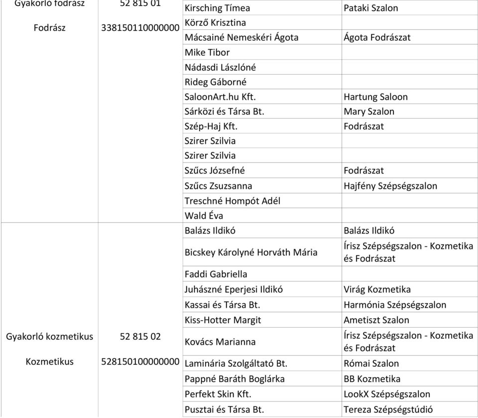 Szirer Szilvia Szirer Szilvia Szűcs Józsefné Szűcs Zsuzsanna Treschné Hompót Adél Wald Éva Balázs Ildikó Bicskey Károlyné Horváth Mária Faddi Gabriella Juhászné Eperjesi Ildikó Kassai és Társa Bt.