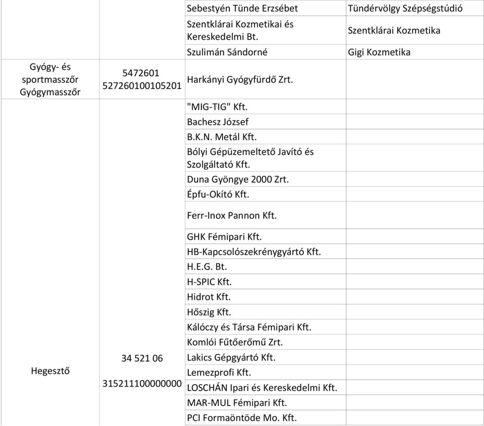 Épfu-Okító Kft. Ferr-Inox Pannon Kft. GHK Fémipari Kft. HB-Kapcsolószekrénygyártó Kft. H.E.G. Bt. H-SPIC Kft. Hidrot Kft. Hőszig Kft. Kálóczy és Társa Fémipari Kft.