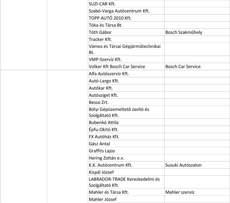 Bólyi Gépüzemeltető Javító és Szolgáltató Kft. Bubenkó Attila Épfu-Okító Kft. FX Autóház Kft. Gász Antal Graffits Lajos Hering Zoltán e.v. K.K. Autócentrum Kft.