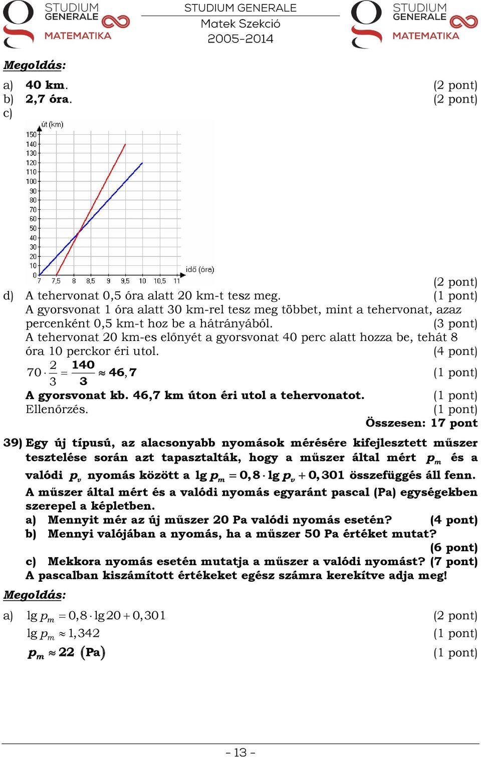 A tehervonat 0 km-es előnyét a gyorsvonat 40 perc alatt hozza be, tehát 8 óra 10 perckor éri utol. 140 46 7 3 70, 3 A gyorsvonat kb. 46,7 km úton éri utol a tehervonatot. Ellenőrzés.