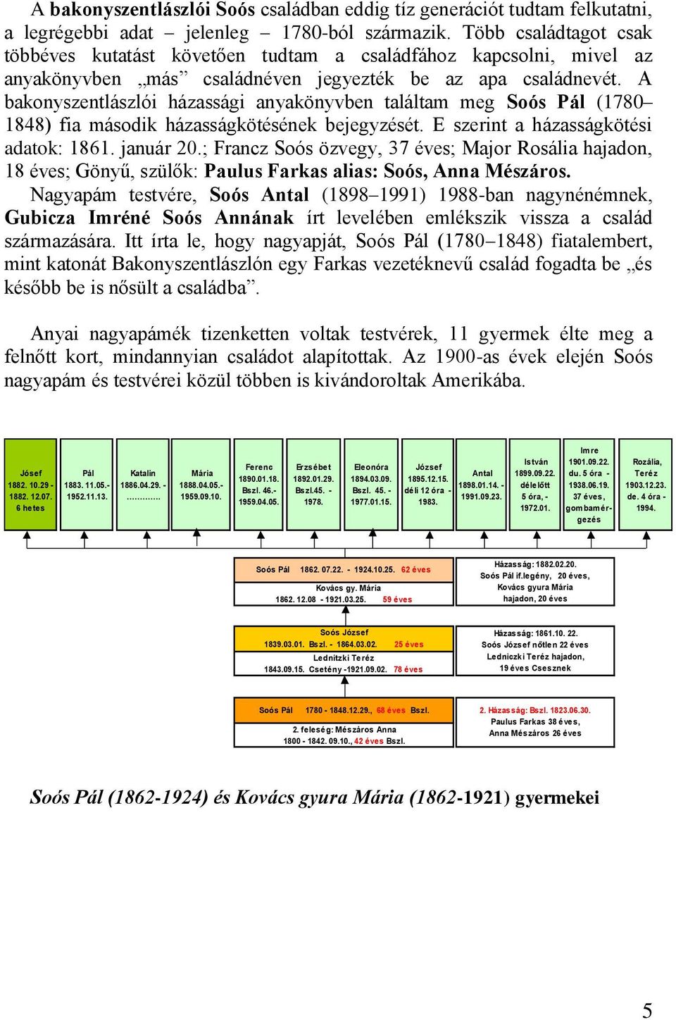 A bakonyszentlászlói házassági anyakönyvben találtam meg Soós Pál (1780 1848) fia második házasságkötésének bejegyzését. E szerint a házasságkötési adatok: 1861. január 20.