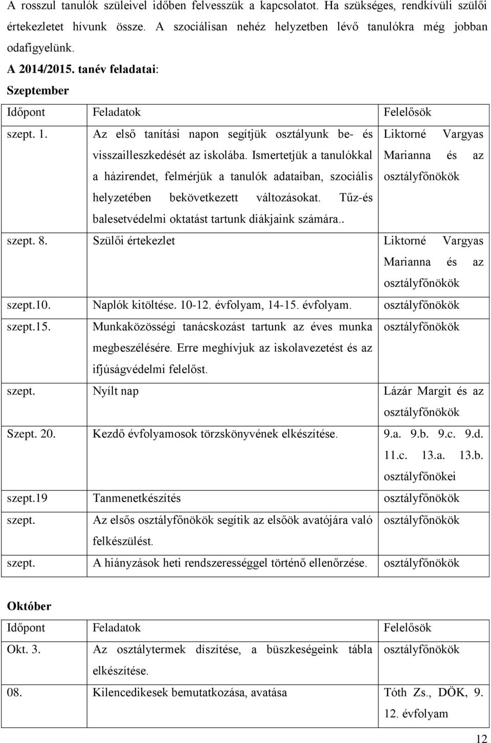 Ismertetjük a tanulókkal Marianna és az a házirendet, felmérjük a tanulók adataiban, szociális osztályfőnökök helyzetében bekövetkezett változásokat.