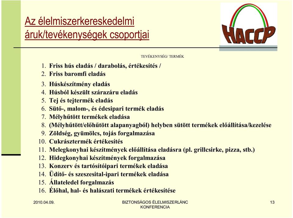 (Mélyhűtött/előhűtött alapanyagból) helyben sütött termékek előállítása/kezelése 9. Zöldség, gyümölcs, tojás forgalmazása 10. Cukrásztermék értékesítés 11.