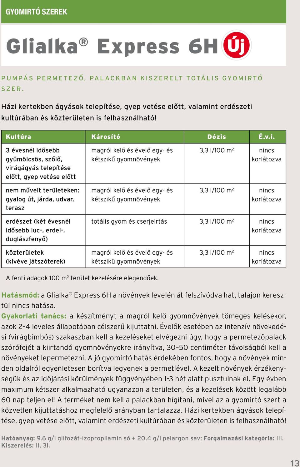l/100 m 2 nincs gyümölcsös, szőlő, kétszikű gyomnövények korlátozva virágágyás telepítése előtt, gyep vetése előtt nem művelt területeken: magról kelő és évelő egy- és 3,3 l/100 m 2 nincs gyalog út,