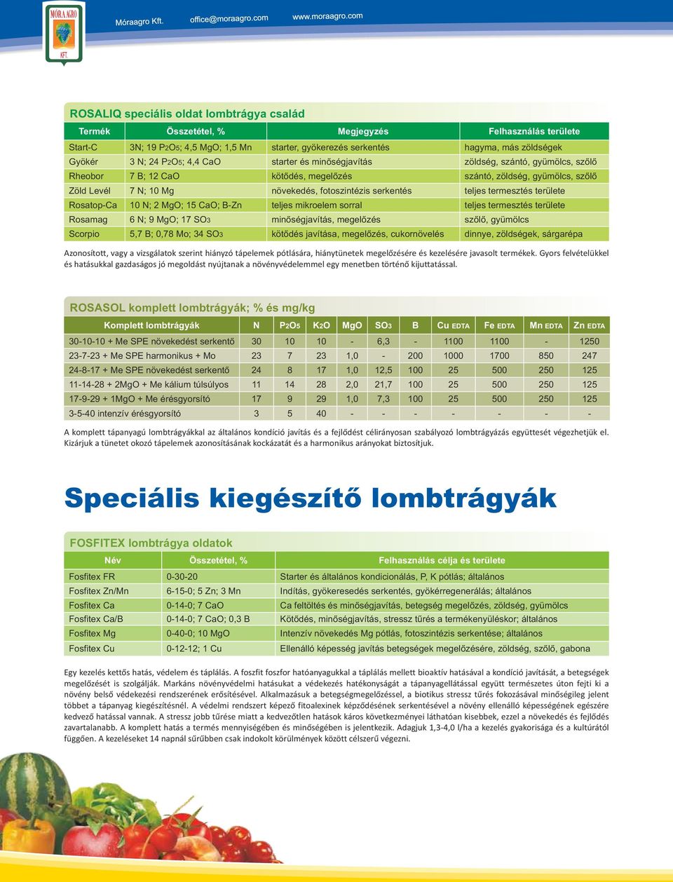 serkentés teljes termesztés területe Rosatop-Ca 10 N; 2 MgO; 15 CaO; B-Zn teljes mikroelem sorral teljes termesztés területe Rosamag 6 N; 9 MgO; 17 SO3 minőségjavítás, megelőzés szőlő, gyümölcs