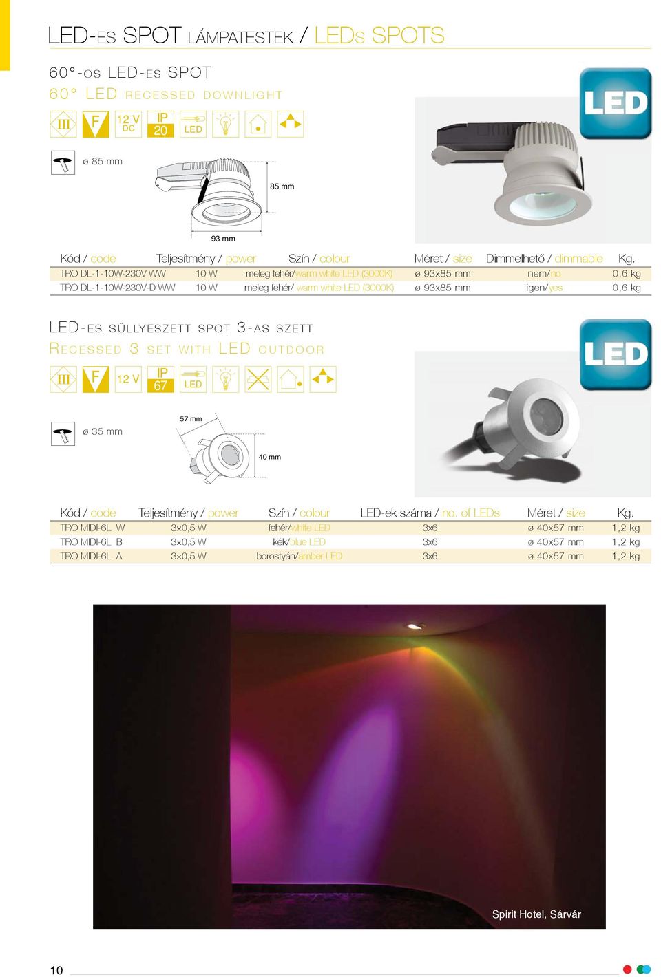 TRO DL-1-10W-230V WW 10 W meleg fehér/warm white LED (3000K) ø 93x85 mm nem/no 0,6 kg TRO DL-1-10W-230V-D WW 10 W meleg fehér/ warm white LED (3000K) ø 93x85 mm igen/yes 0,6 kg LED-ES SÜLLYESZETT