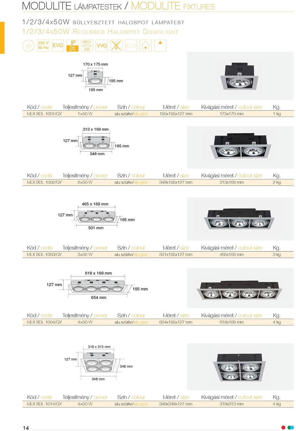 MLX SDL-1001/GY 1 50 W alu szürke/alu grey 195x195x127 mm 175x170 mm 1 kg 313 x 169 mm 127 mm 348 mm 195 mm Kód / code  MLX SDL-1002/GY 2 50 W alu szürke/alu grey 348x195x127 mm 313x169 mm 2 kg 465 x