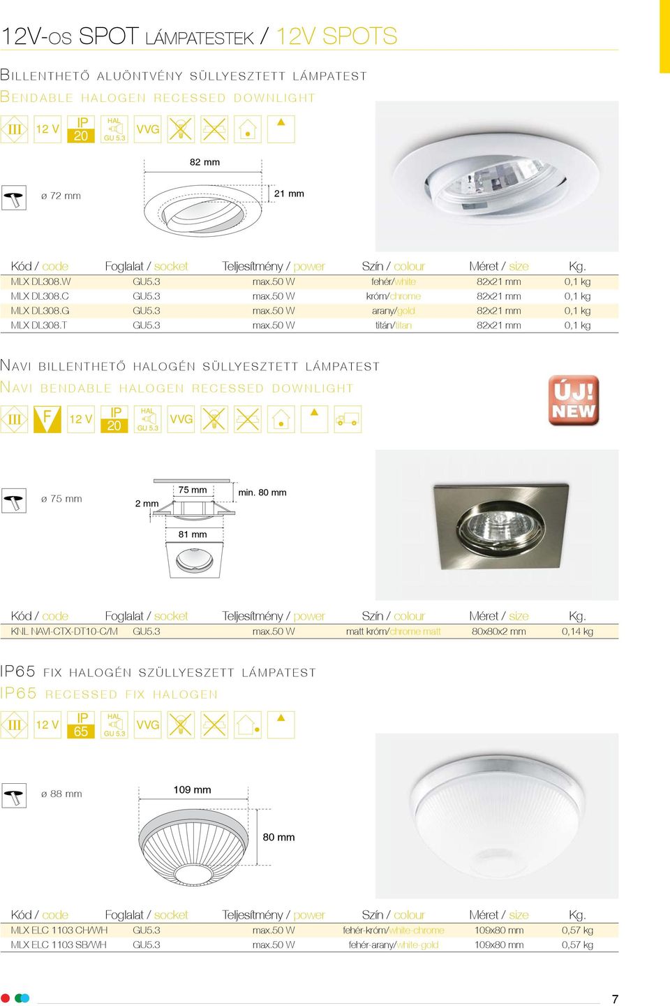 G GU5.3 max.50 W arany/gold 82x21 mm 0,1 kg MLX DL308.T GU5.3 max.50 W titán/titan 82x21 mm 0,1 kg N AVI BILLENTHETÕ HALOGÉN SÜLLYESZTETT LÁMPATEST N AVI BENDABLE HALOGEN RECESSED DOWNLIGHT III 12 V 20 HAL GU 5.