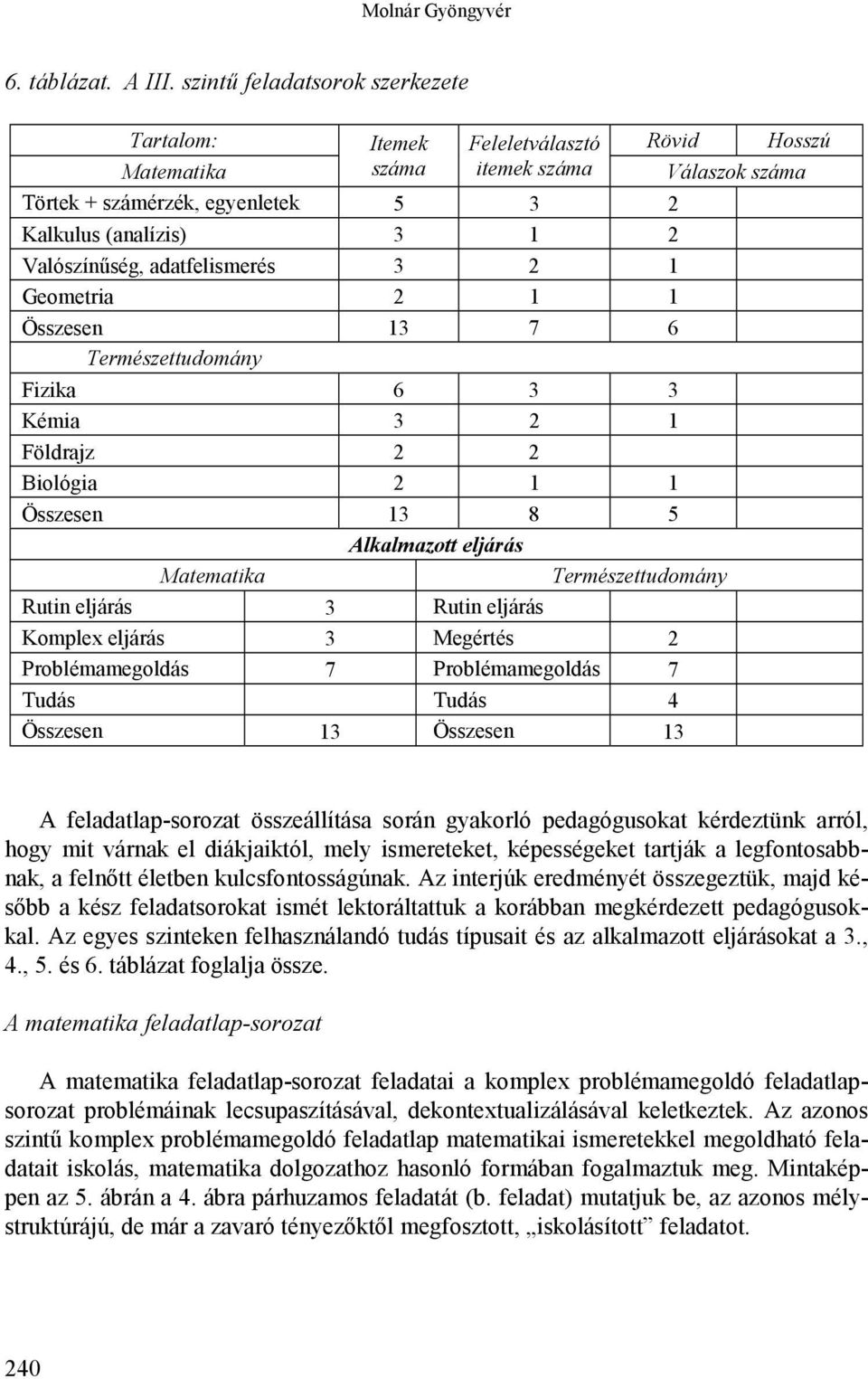 adatfelismerés 3 2 1 Geometria 2 1 1 Összesen 13 7 6 Természettudomány Fizika 6 3 3 Kémia 3 2 1 Földrajz 2 2 Biológia 2 1 1 Összesen 13 8 5 Alkalmazott eljárás Matematika Természettudomány Rutin