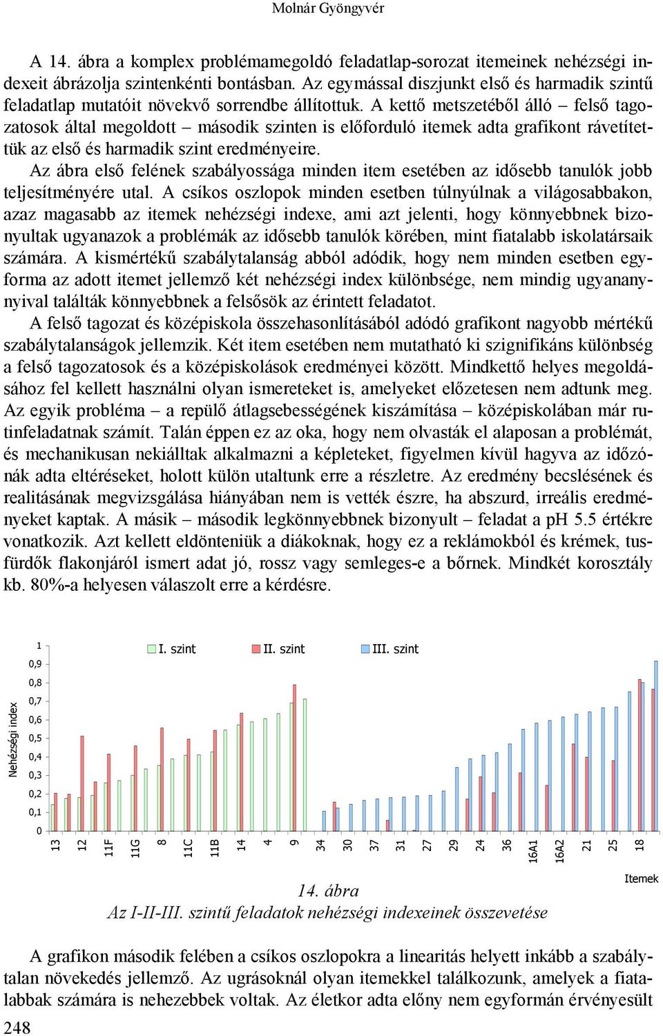 A kettő metszetéből álló felső tagozatosok által megoldott második szinten is előforduló itemek adta grafikont rávetítettük az első és harmadik szint eredményeire.