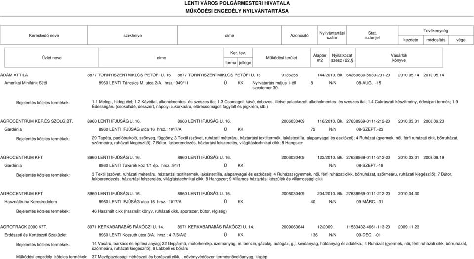 3 Csomagolt kávé, dobozos, illetve palackozott alkoholmentes- és szeszes ital; 1.4 Cukrászati készítmény, édesipari termék; 1.9 AGROCENTRUM KER.ÉS SZOLG.BT. 8960 LENTI IFJUSÁG U. 16.