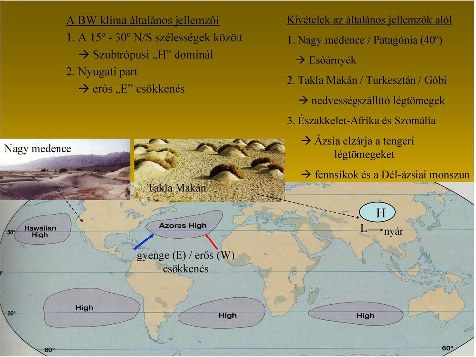 Nagy medence / Patagónia (40º) Esőárnyék 2. Takla Makán / Turkesztán / Góbi nedvességszállító légtömegek 3.