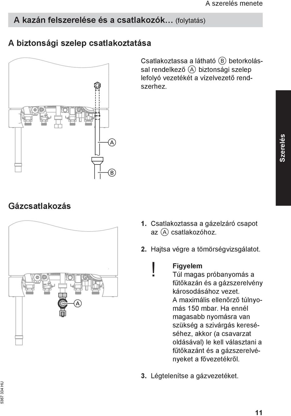 Hajtsa végre a tömörségvizsgálatot. A! Figyelem Túl magas próbanyomás a fűtőkazán és a gázszerelvény károsodásához vezet. A maximális ellenőrző túlnyomás 150 mbar.