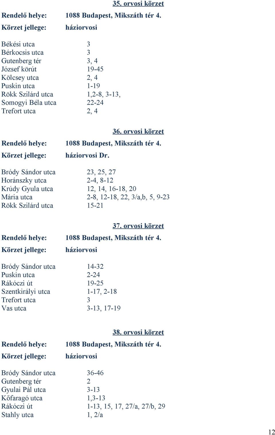 orvosi körzet Rendelő helye: 1088 Budapest, Mikszáth tér 4. Dr.