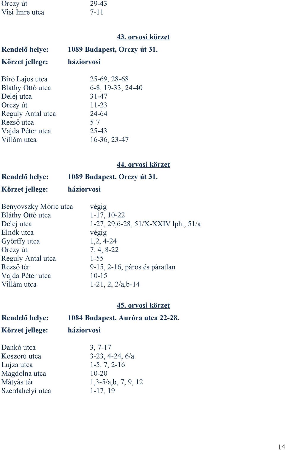 orvosi körzet Rendelő helye: 1089 Budapest, Orczy út 31. Benyovszky Móric utca Bláthy Ottó utca 1-17, 10-22 Delej utca 1-27, 29,6-28, 51/X-XXIV lph.