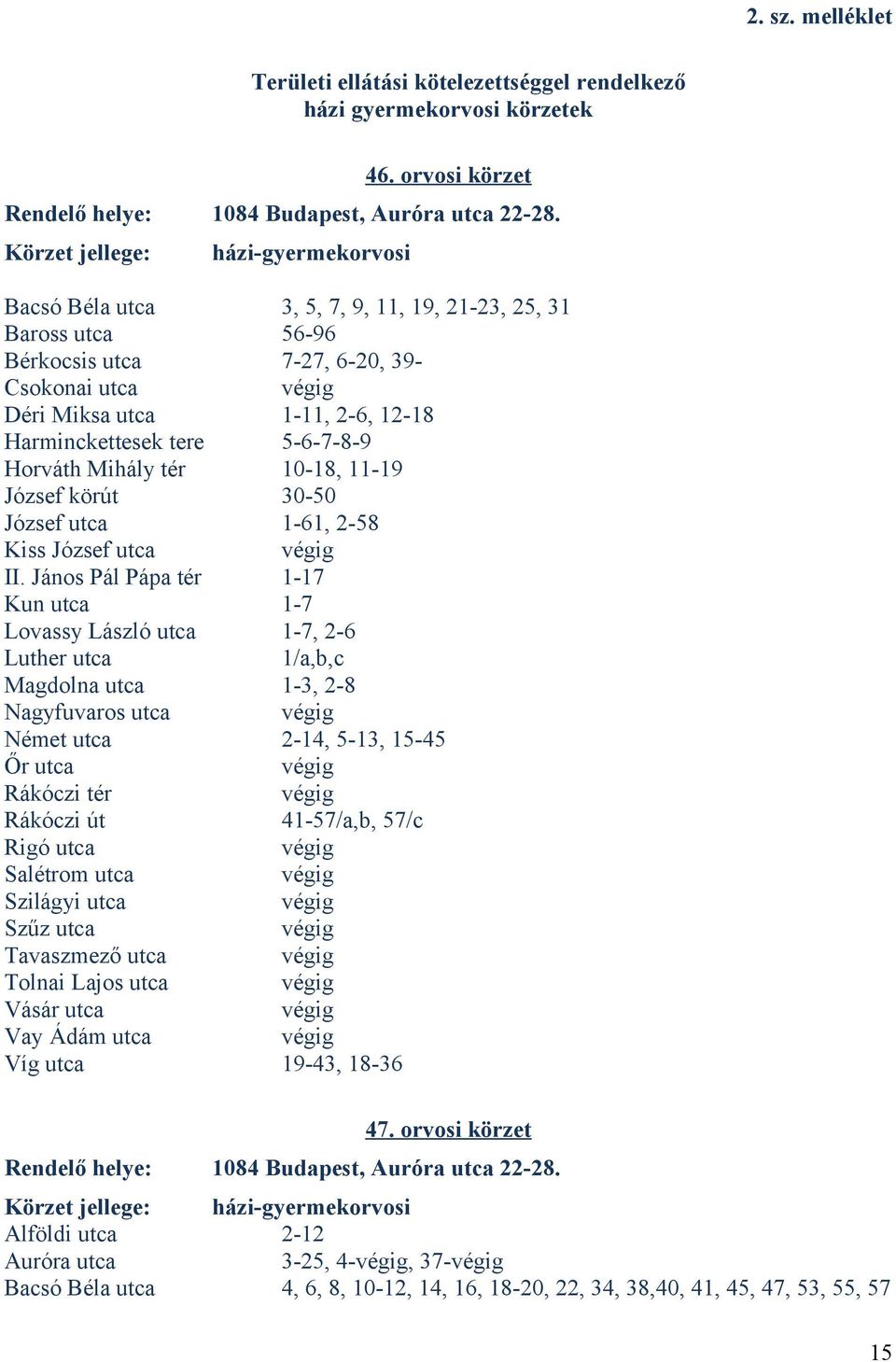 5-6-7-8-9 Horváth Mihály tér 10-18, 11-19 József körút 30-50 József utca 1-61, 2-58 Kiss József utca II.