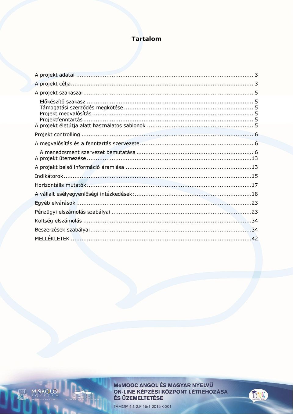 .. 6 A menedzsment szervezet bemutatása... 6 A projekt ütemezése...13 A projekt belső információ áramlása...13 Indikátorok...15 Horizontális mutatók.