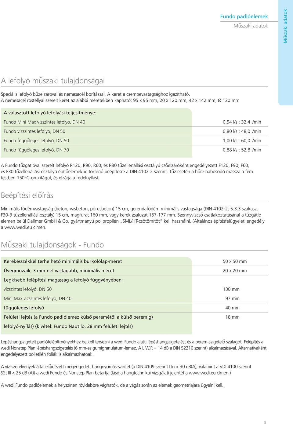 40 Fundo vízszintes lefolyó, DN 50 Fundo függőleges lefolyó, DN 50 Fundo függőleges lefolyó, DN 70 0,54 l/s ; 32,4 l/min 0,80 l/s ; 48,0 l/min 1,00 l/s ; 60,0 l/min 0,88 l/s ; 52,8 l/min A Fundo