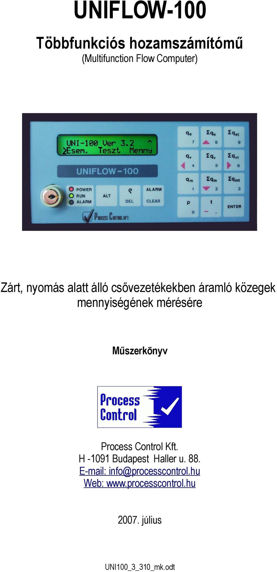 Műszerkönyv Process Control Kft. H -1091 Budapest Haller u. 88.