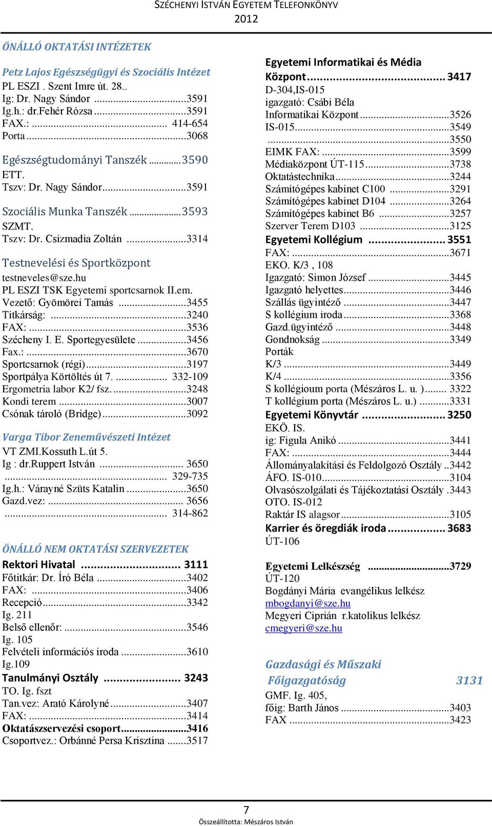 hu PL ESZI TSK Egyetemi sportcsarnok II.em. Vezető: Gyömörei Tamás... 3455 Titkárság:... 3240 FAX:... 3536 Szécheny I. E. Sportegyesülete... 3456 Fax.:... 3670 Sportcsarnok (régi).