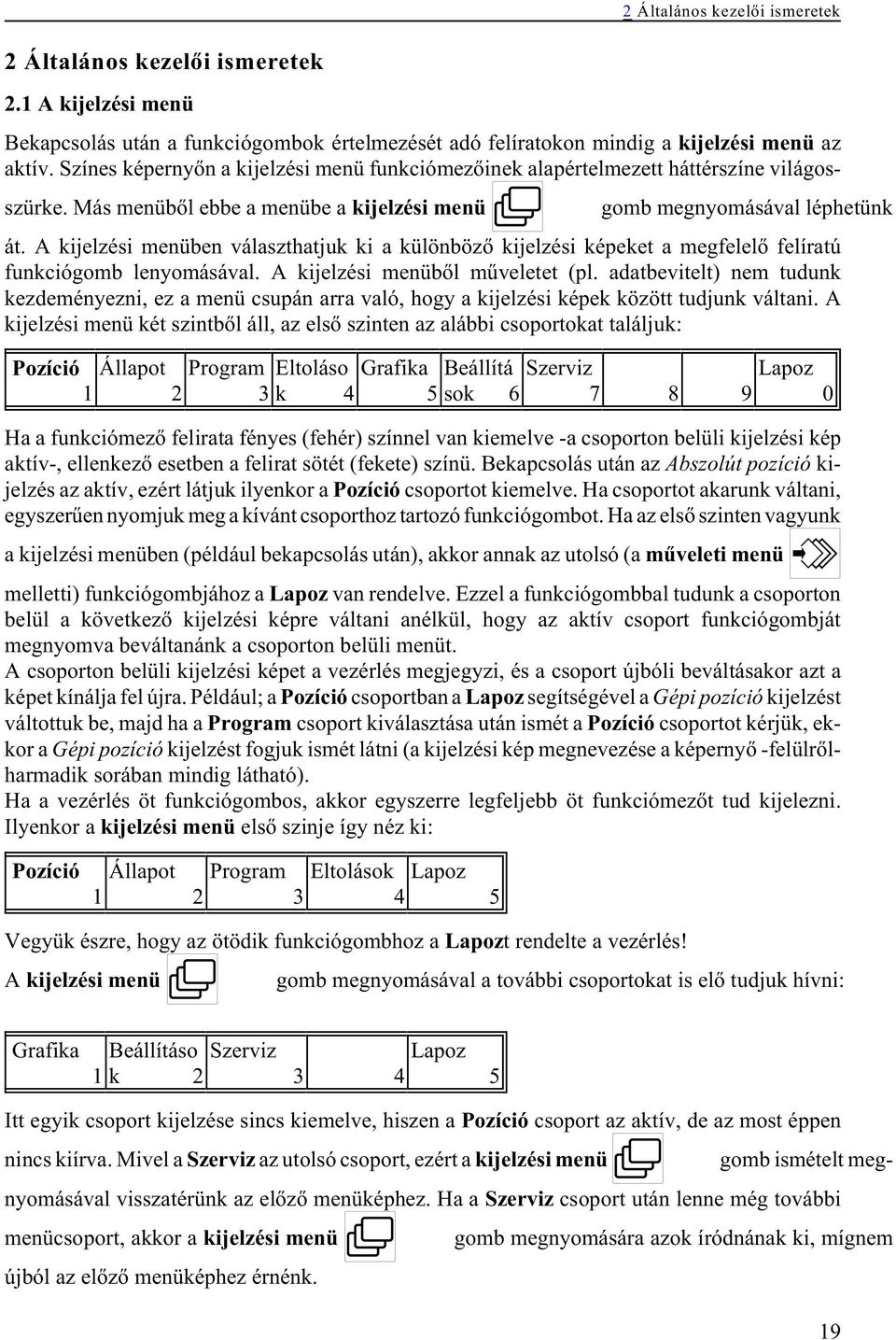 A kijelzési menüben választhatjuk ki a különbözõ kijelzési képeket a megfelelõ felíratú funkciógomb lenyomásával. A kijelzési menübõl mûveletet (pl.