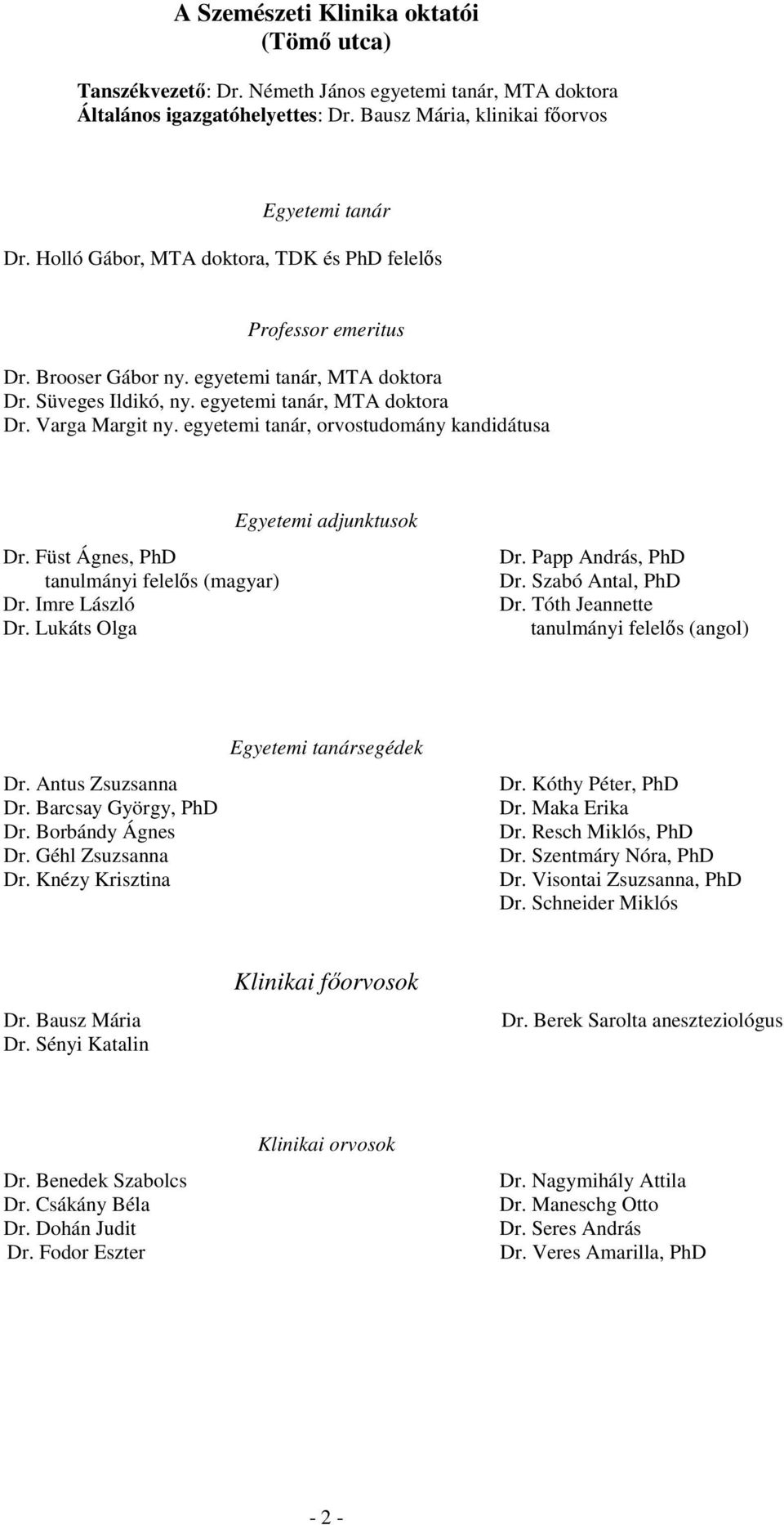 egyetemi tanár, orvostudomány kandidátusa Egyetemi adjunktusok Dr. Füst Ágnes, PhD tanulmányi felelős (magyar) Dr. Imre László Dr. Lukáts Olga Dr. Papp András, PhD Dr. Szabó Antal, PhD Dr.