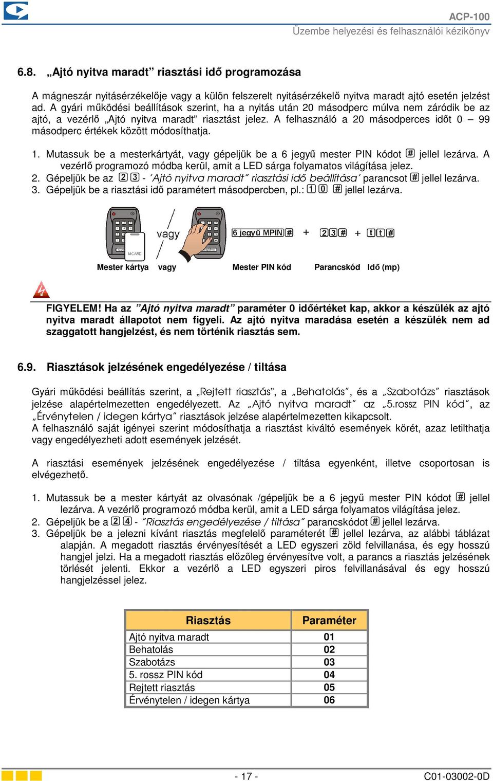 A felhasználó a 20 másodperces időt 0 99 másodperc értékek között módosíthatja. 1. Mutassuk be a mesterkártyát, vagy gépeljük be a 6 jegyű mester PIN kódot jellel lezárva.