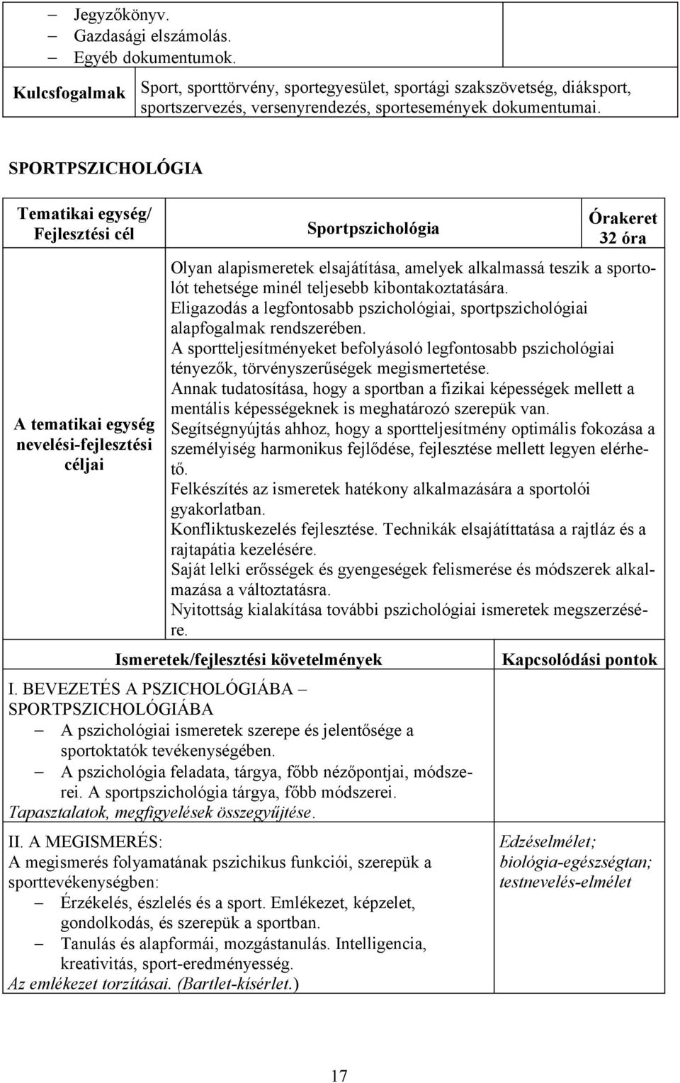 SPORTPSZICHOLÓGIA Tematikai egység/ Fejlesztési cél A tematikai egység nevelési-fejlesztési céljai Sportpszichológia Órakeret 32 óra Olyan alapismeretek elsajátítása, amelyek alkalmassá teszik a