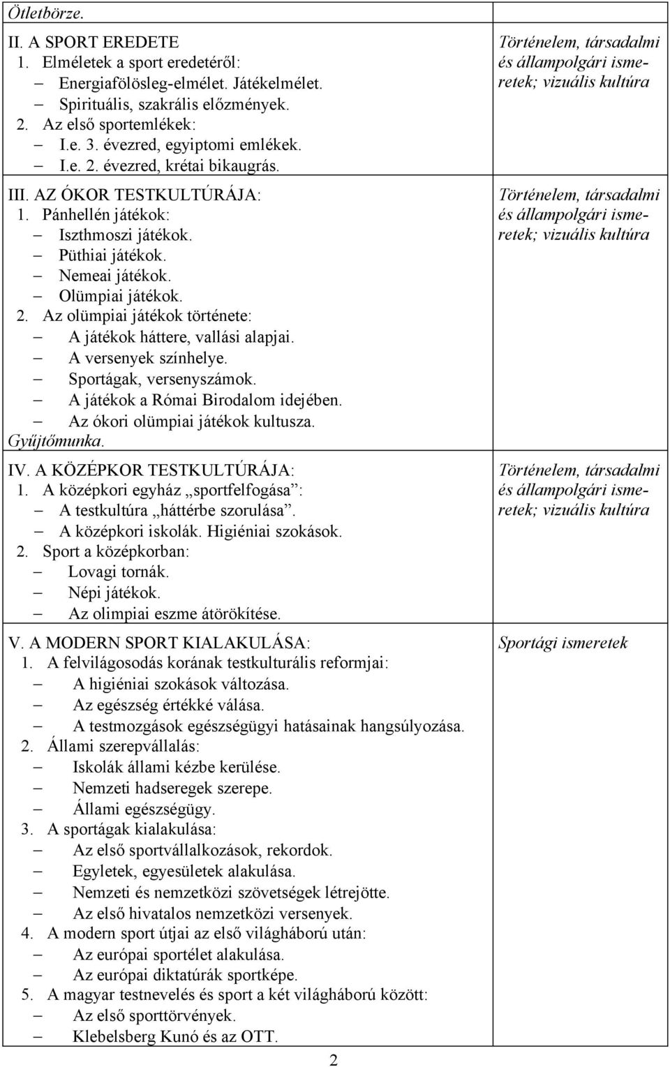 A versenyek színhelye. Sportágak, versenyszámok. A játékok a Római Birodalom idejében. Az ókori olümpiai játékok kultusza. Gyűjtőmunka. IV. A KÖZÉPKOR TESTKULTÚRÁJA: 1.