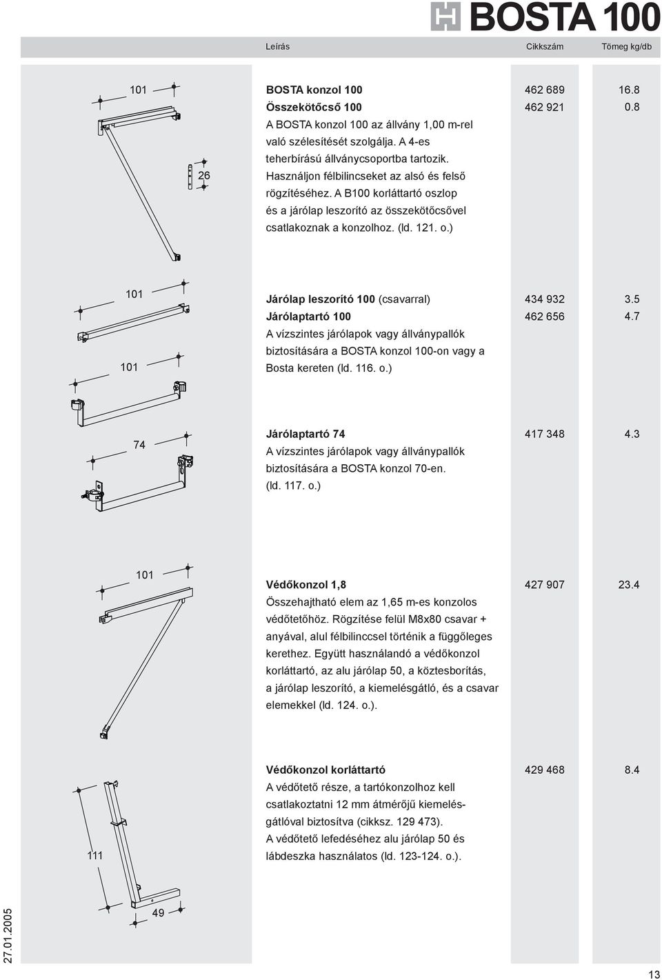 8 101 101 Járólap leszorító 100 (csavarral) Járólaptartó 100 A vízszintes járólapok vagy állványpallók biztosítására a BOSTA konzol 100-on vagy a Bosta kereten (ld. 11. o.) 434 932 42 5 3.5 4.