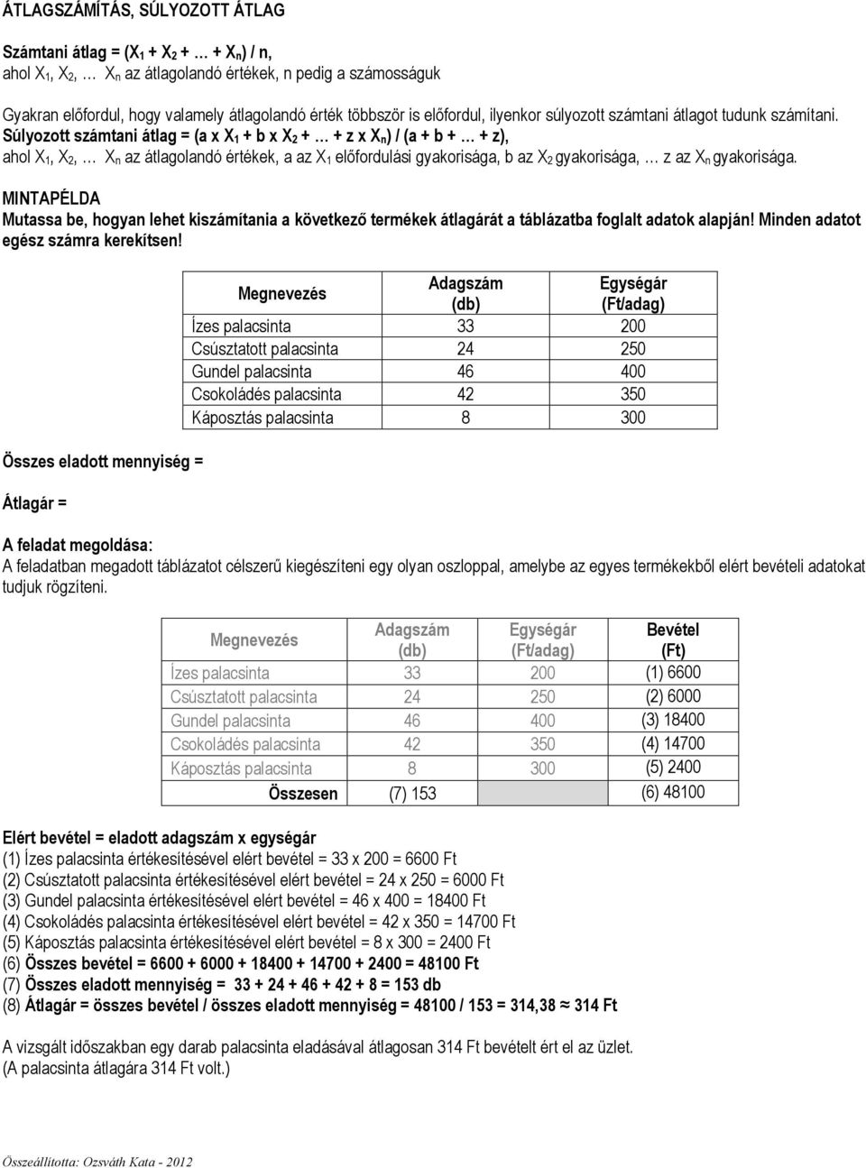 Súlyozott számtani átlag = (a x X 1 + b x X 2 + + z x X n) / (a + b + + z), ahol X 1, X 2, X n az átlagolandó értékek, a az X 1 elıfordulási gyakorisága, b az X 2 gyakorisága, z az X n gyakorisága.