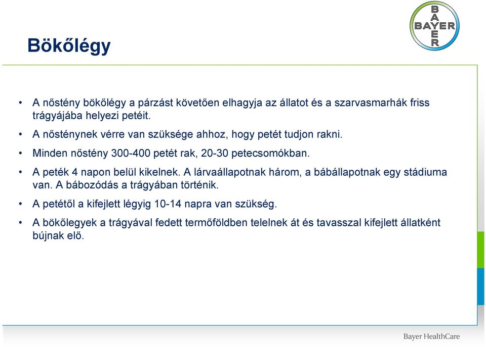 A peték 4 napon belül kikelnek. A lárvaállapotnak három, a bábállapotnak egy stádiuma van. A bábozódás a trágyában történik.