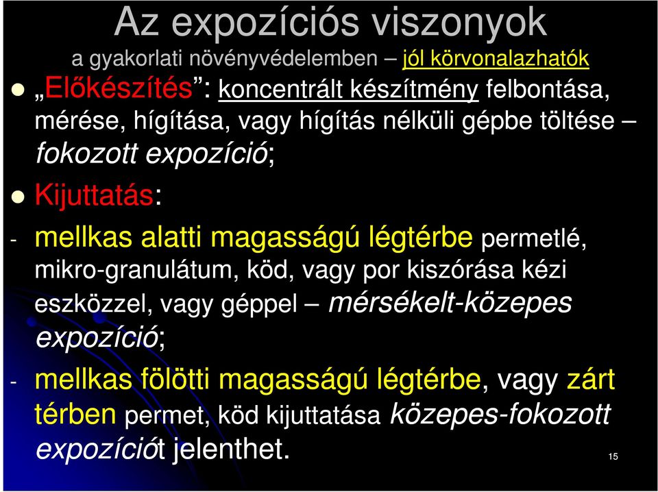 légtérbe permetlé, mikro-granulátum, köd, vagy por kiszórása kézi eszközzel, vagy géppel mérsékelt expozíció;