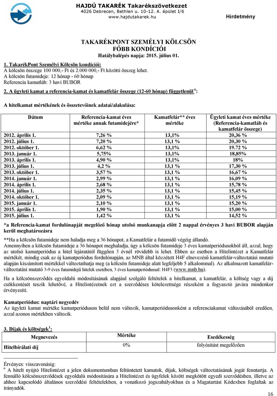 A ügyleti kamat a referencia-kamat és kamatfelár összege (12-60 hónap) függetlenül 6 : A hitelkamat mértékének és összetevőinek adatai/alakulása: Dátum Referencia-kamat éves mértéke annak