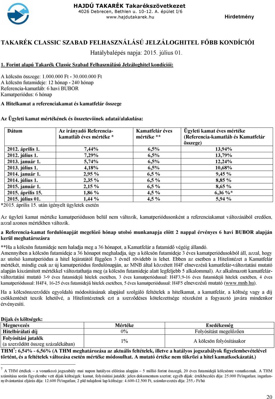 000 Ft - 30.000.000 Ft A kölcsön futamideje: 12 hónap - 240 hónap Referencia-kamatláb: 6 havi BUBOR Kamatperiódus: 6 hónap A Hitelkamat a referenciakamat és kamatfelár összege Az Ügyleti kamat