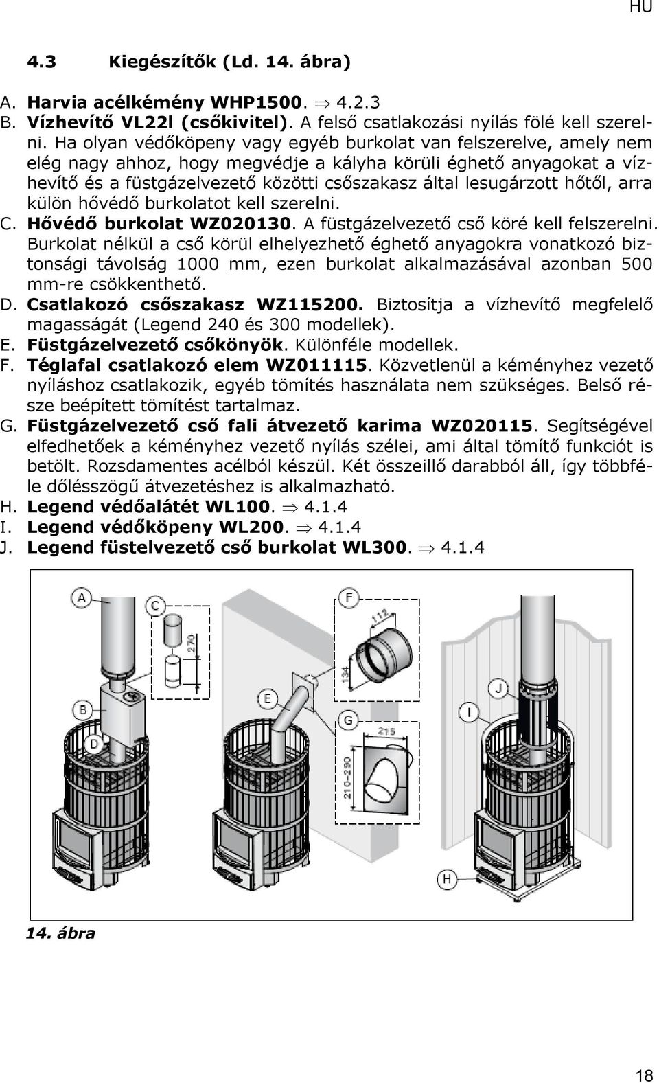 lesugárzott hőtől, arra külön hővédő burkolatot kell szerelni. C. Hővédő burkolat WZ020130. A füstgázelvezető cső köré kell felszerelni.