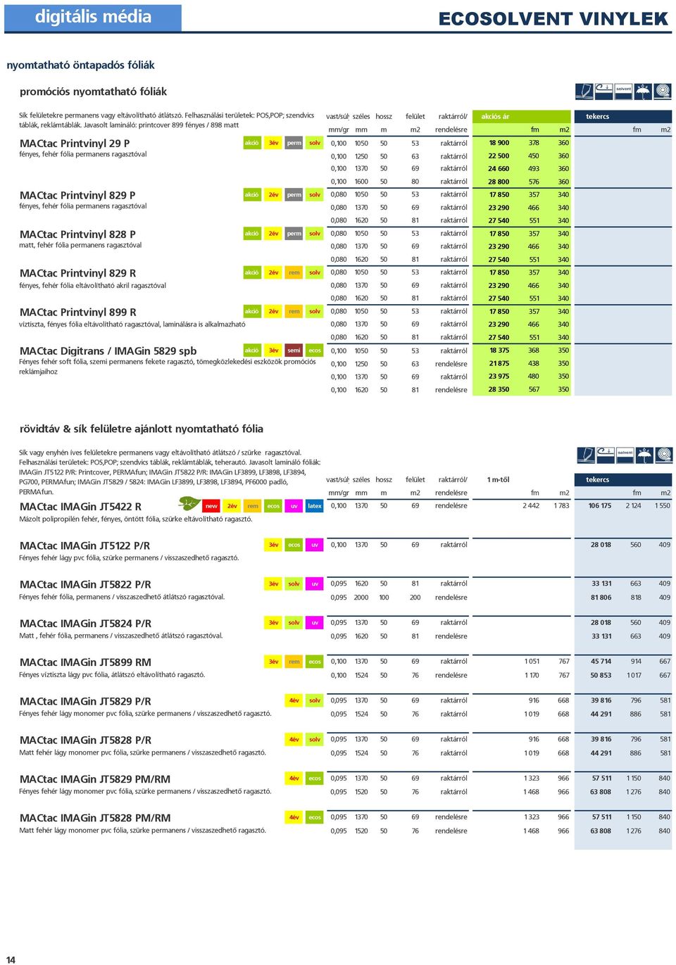 Javasolt lamináló: printcover 899 fényes / 898 matt vast/súly széles hossz felület raktárról/ akciós ár tekercs MACtac Printvinyl 29 P akció 3év perm solv 0,100 1050 50 53 raktárról 18 900 378 360