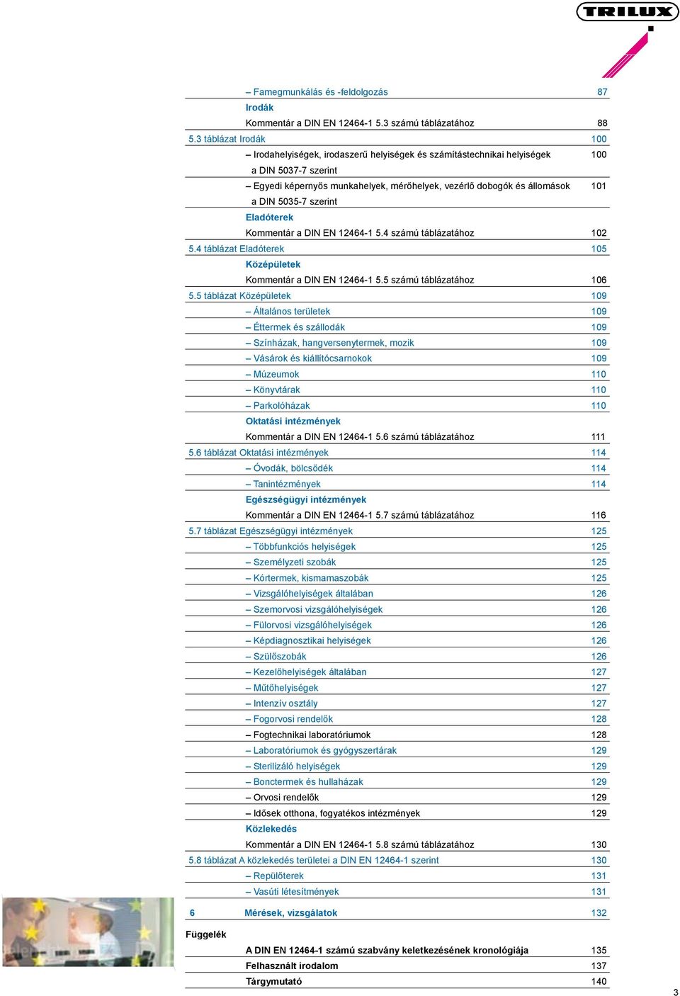 szerint Eladóterek Kommentár a EN 12464-1 5.4 számú táblázatához 102 5.4 táblázat Eladóterek 105 Középületek Kommentár a EN 12464-1 5.5 számú táblázatához 106 5.