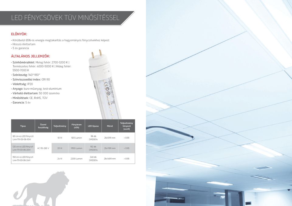 bura-műanyag, test-alumínium, TÜV garancia: 5 év Méret 60 cm-es LED fénycső Lion-T8-03-06-10W 10 W 925 Lumen 96 db 26x588 mm > 0.