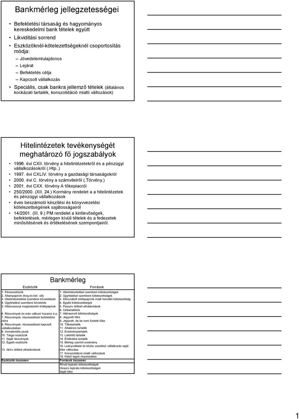 1996. évi CXII. törvény a hitelintézetekről és a pénzügyi vállalkozásokról (.Htp..) 1997. évi CXLIV. törvény a gazdasági társaságokról 2000. évi C. törvény a számvitelről (.Törvény.) 2001. évi CXX.