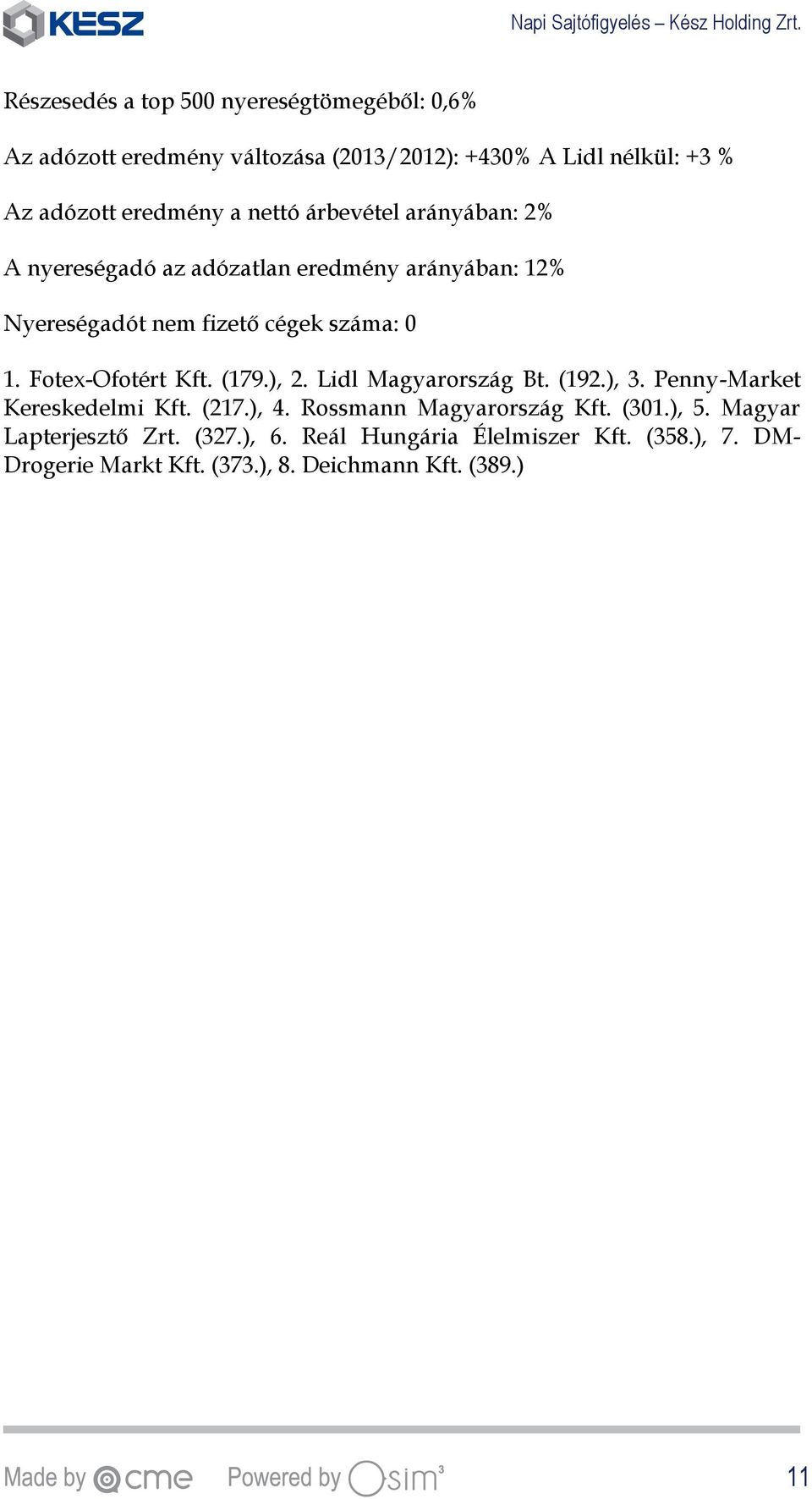 Lidl Magyarország Bt. (192.), 3. Penny-Market Kereskedelmi Kft. (217.), 4. Rossmann Magyarország Kft. (301.), 5.