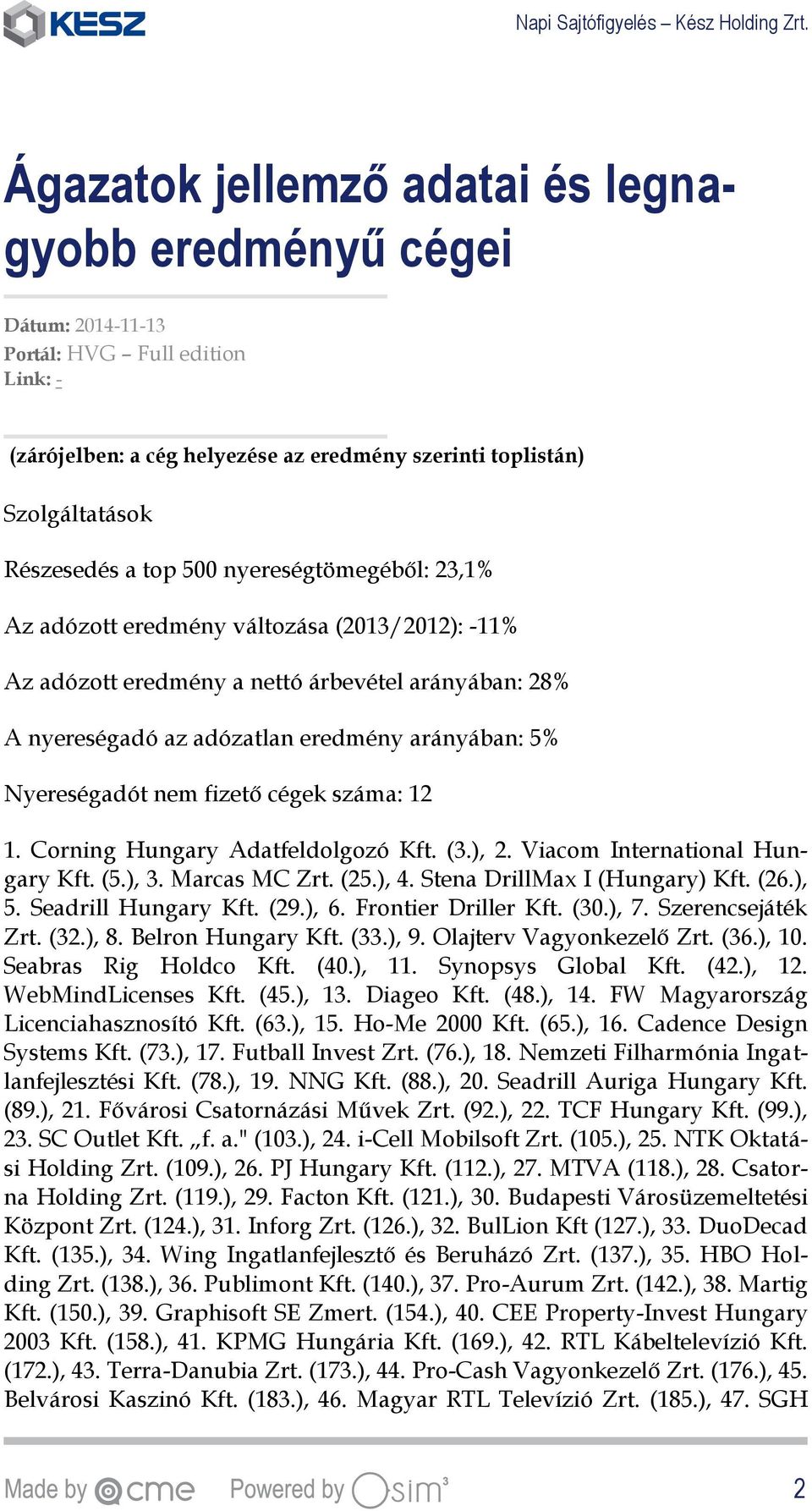 fizető cégek száma: 12 1. Corning Hungary Adatfeldolgozó Kft. (3.), 2. Viacom International Hungary Kft. (5.), 3. Marcas MC Zrt. (25.), 4. Stena DrillMax I (Hungary) Kft. (26.), 5.