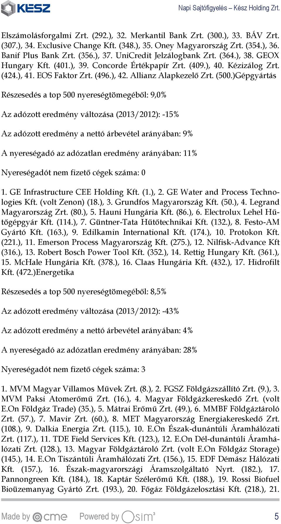 )Gépgyártás Részesedés a top 500 nyereségtömegéből: 9,0% Az adózott eredmény változása (2013/2012): -15% Az adózott eredmény a nettó árbevétel arányában: 9% A nyereségadó az adózatlan eredmény