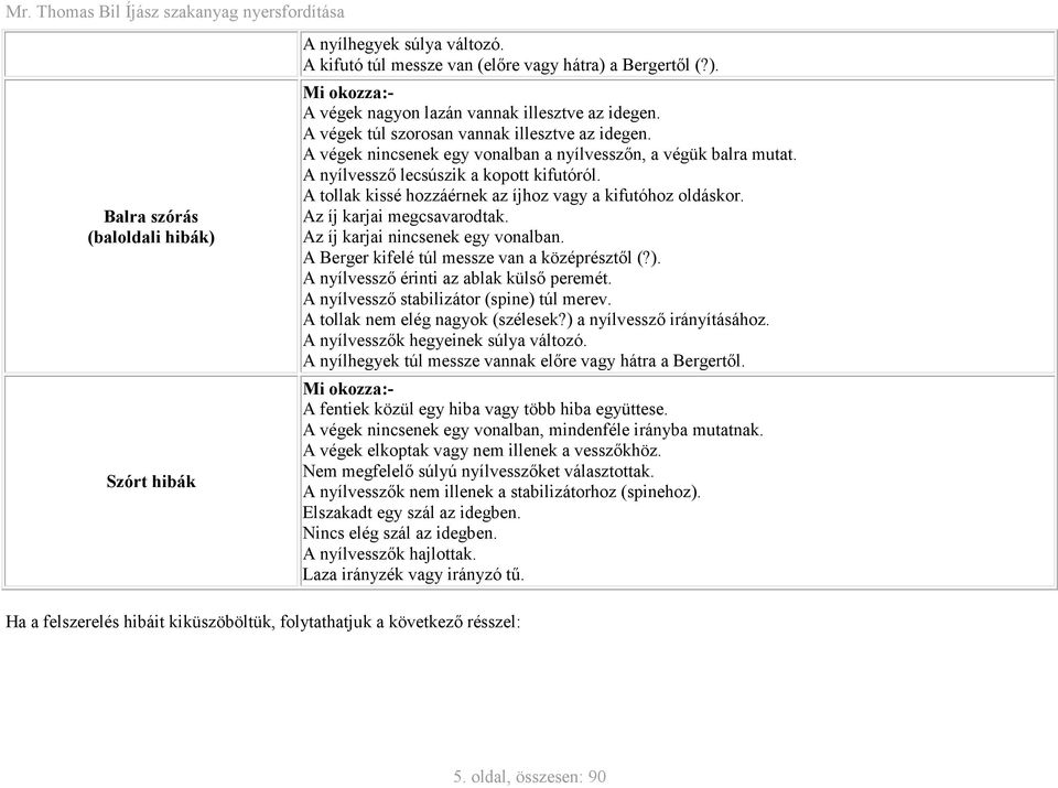 A tollak kissé hozzáérnek az íjhoz vagy a kifutóhoz oldáskor. Az íj karjai megcsavarodtak. Az íj karjai nincsenek egy vonalban. A Berger kifelé túl messze van a középrésztől (?).