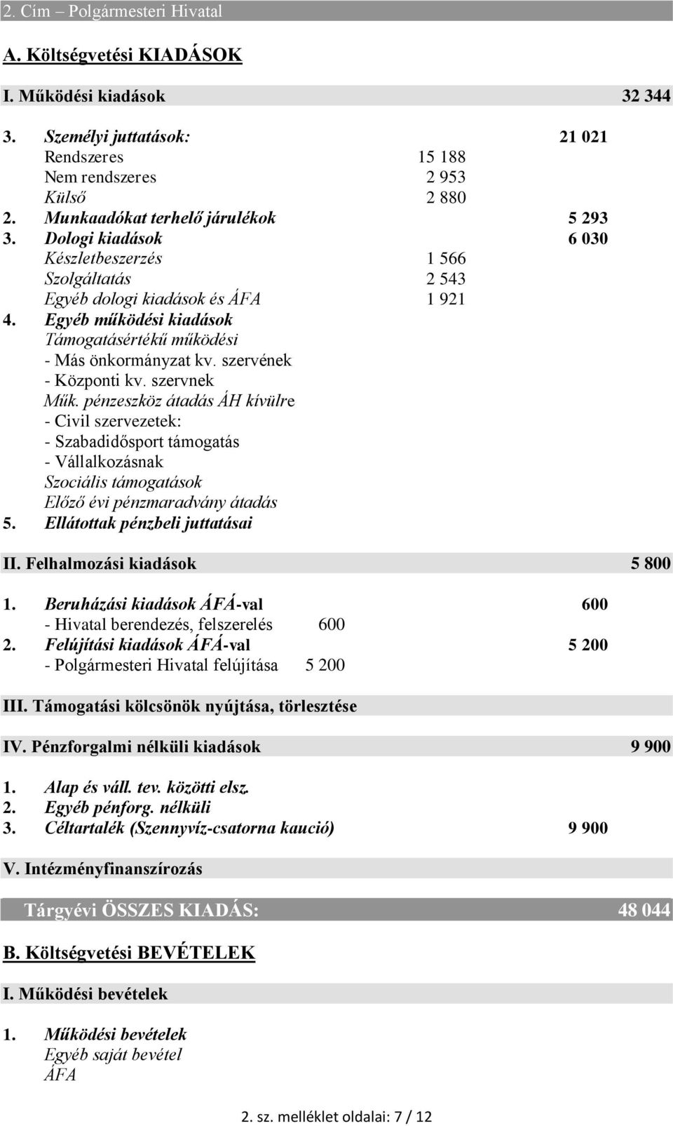 Egyéb működési kiadások Támogatásértékű működési - Más önkormányzat kv. szervének - Központi kv. szervnek Műk.