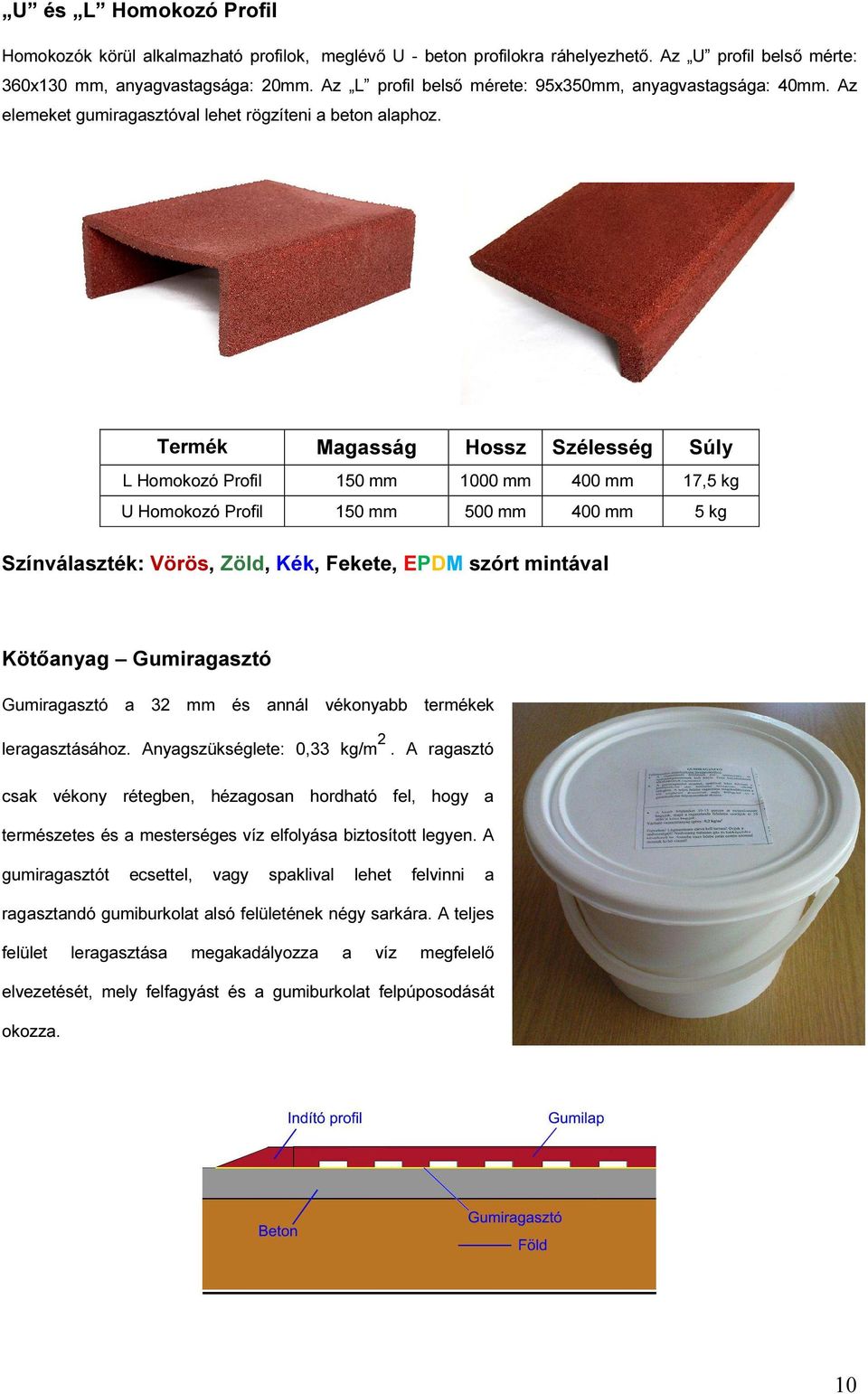 Termék Magasság Hossz Szélesség Súly L Homokozó Profil 150 mm 1000 mm 400 mm 17,5 kg U Homokozó Profil 150 mm 500 mm 400 mm 5 kg Kötőanyag Gumiragasztó Gumiragasztó a 32 mm és annál vékonyabb