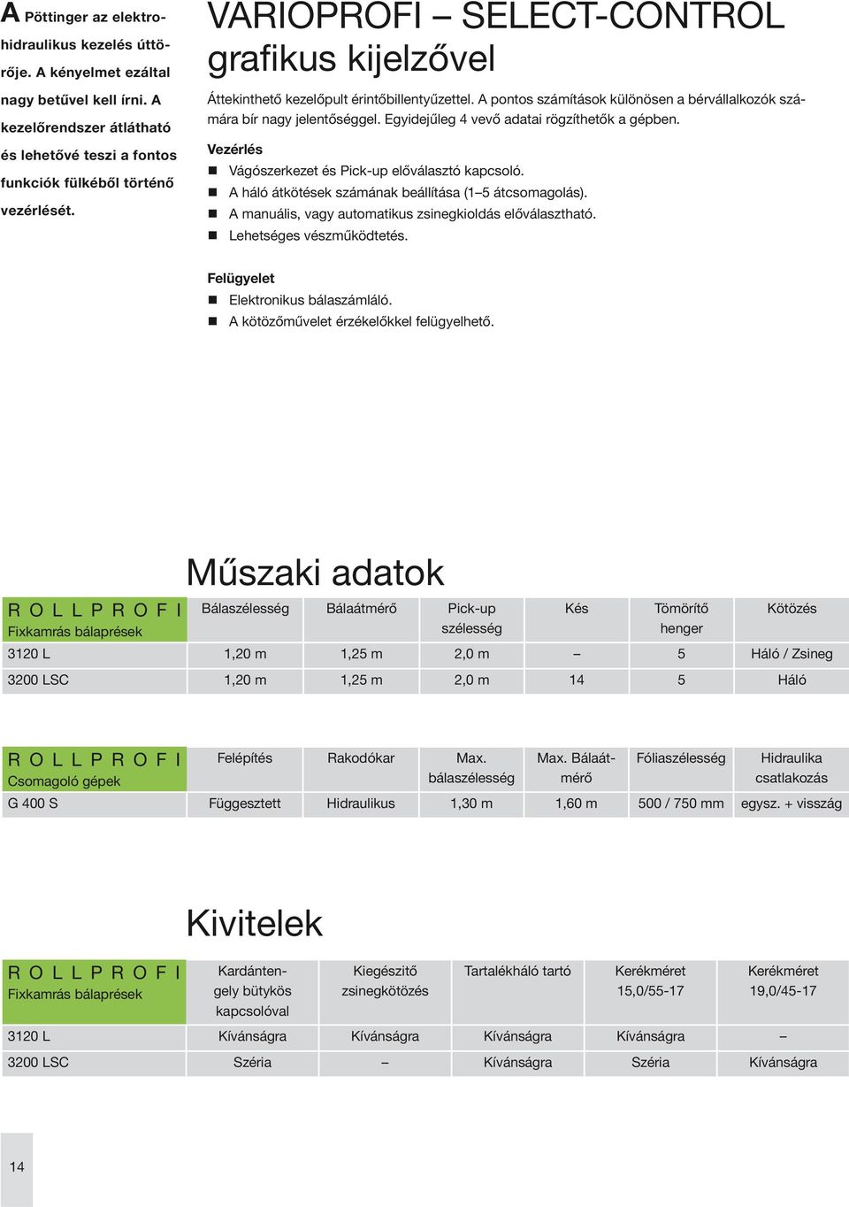 Egyidejűleg 4 vevő adatai rögzíthetők a gépben. Vezérlés Vágószerkezet és Pick-up előválasztó kapcsoló. A háló átkötések számának beállítása (1 5 átcsomagolás).