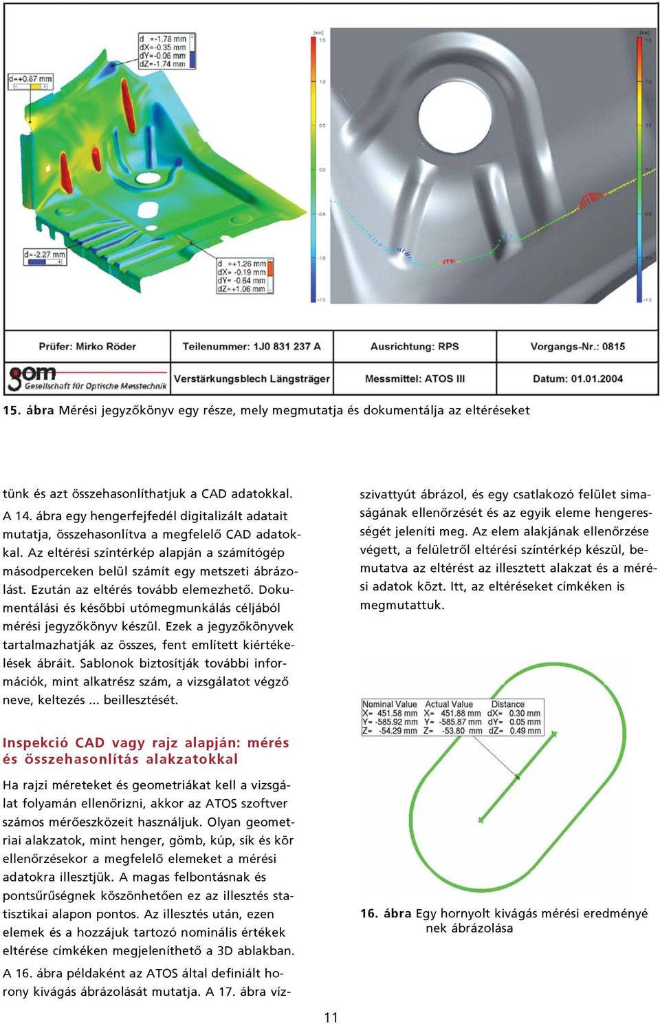 Ezután az eltérés tovább elemezhetõ. Dokumentálási és késõbbi utómegmunkálás céljából mérési jegyzõkönyv készül. Ezek a jegyzõkönyvek tartalmazhatják az összes, fent említett kiértékelések ábráit.
